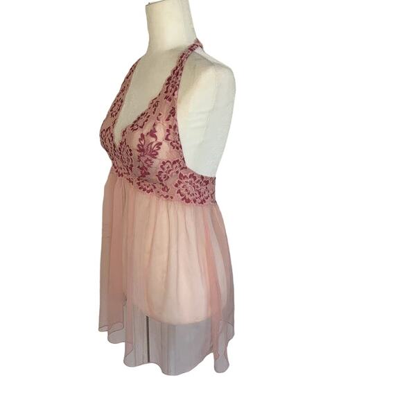 Victoria's Secret Babydoll Night Dress Women's L Pink Deep V Mesh Floral Lace - Picture 4 of 7